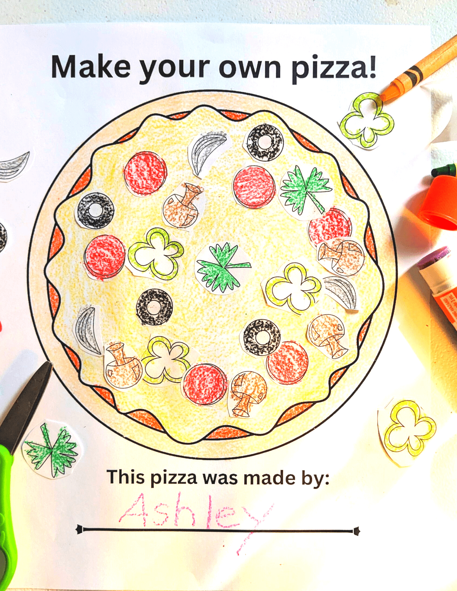 Pizza Party Coloring Activity, digital download, finished activity, paper printed pizza with colored, cut and pasted pizza toppings. Kids' party activities, or preschool.