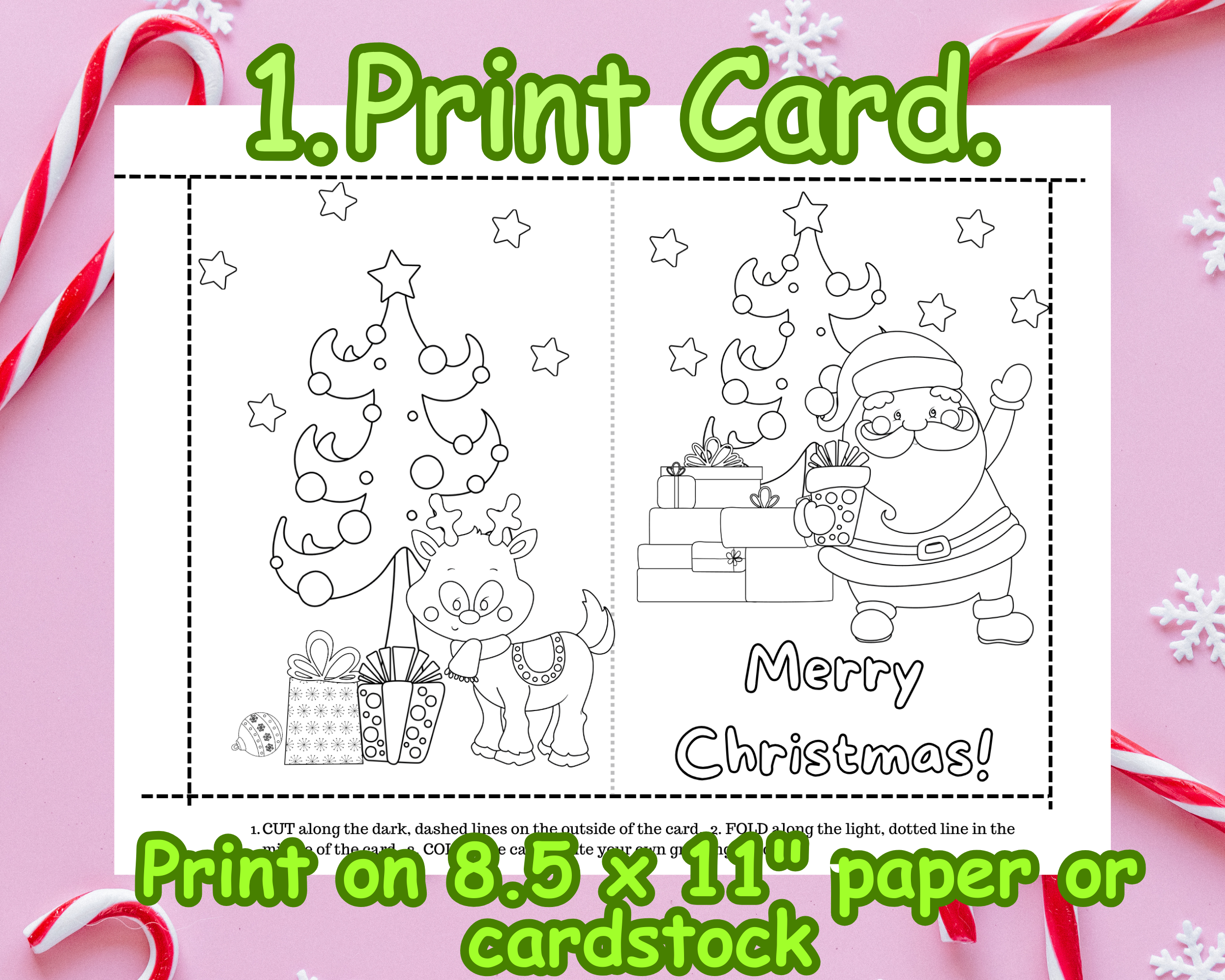 Printable Coloring 5x7 Merry Christmas Card, Santa and Reindeer, digital download 1. Print Card.